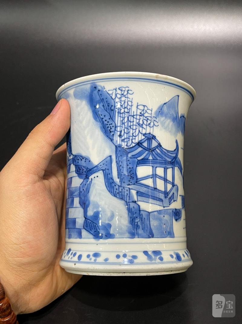 清康熙 青花山水亭阁图笔筒 - 图7